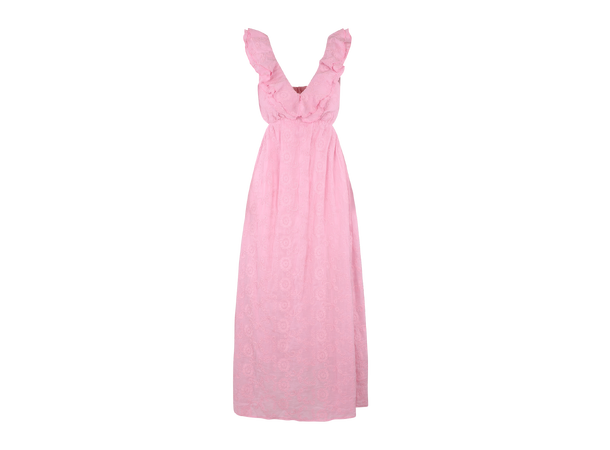 Cecilia Dress Pink M Open back frill maxi dress 