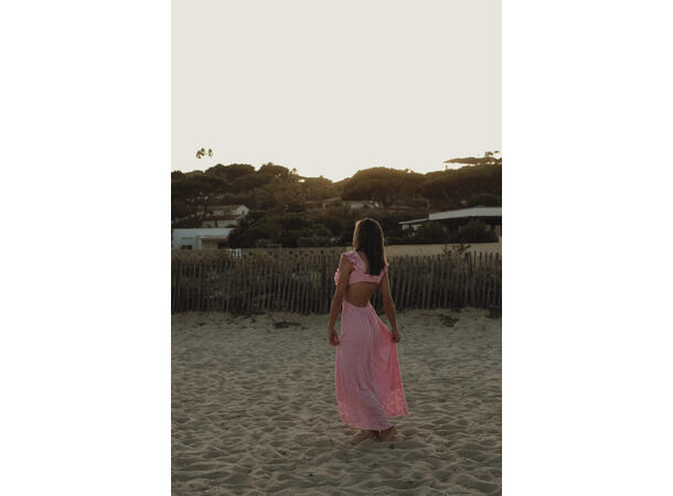 Cecilia Dress Pink M Open back frill maxi dress 