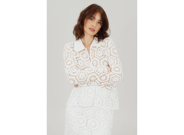 Olena LS Blouse White XS Crochet look shirt 